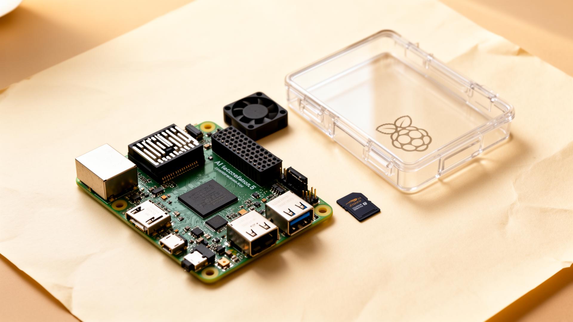 Raspberry Pi 5 with AI accelerator, fan, microSD and case